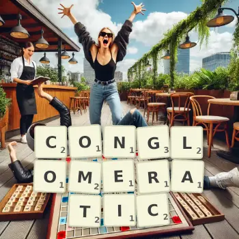Creative illustration for a Scrabble game with the word CONGLOMERATIC spelled out in tiles on the board.
