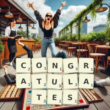 Creative illustration for a Scrabble game with the word CONGRATULATES spelled out in tiles on the board.