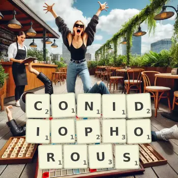 Creative illustration for a Scrabble game with the word CONIDIOPHOROUS spelled out in tiles on the board.