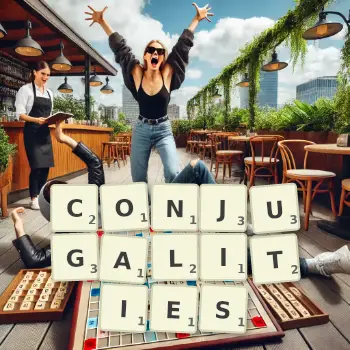 Creative illustration for a Scrabble game with the word CONJUGALITIES spelled out in tiles on the board.