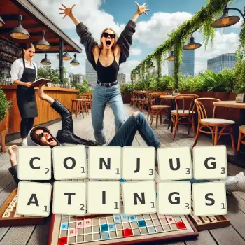 Creative illustration for a Scrabble game with the word CONJUGATINGS spelled out in tiles on the board.