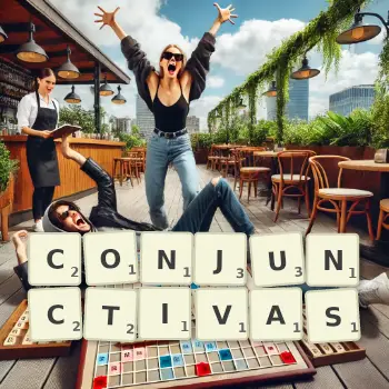 Creative illustration for a Scrabble game with the word CONJUNCTIVAS spelled out in tiles on the board.