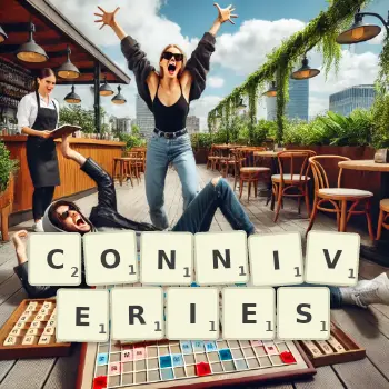 Creative illustration for a Scrabble game with the word CONNIVERIES spelled out in tiles on the board.