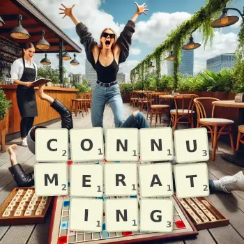 Creative illustration for a Scrabble game with the word CONNUMERATING spelled out in tiles on the board.
