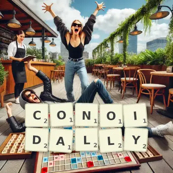 Creative illustration for a Scrabble game with the word CONOIDALLY spelled out in tiles on the board.