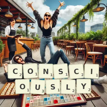 Creative illustration for a Scrabble game with the word CONSCIOUSLY spelled out in tiles on the board.