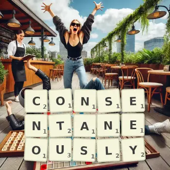 Creative illustration for a Scrabble game with the word CONSENTANEOUSLY spelled out in tiles on the board.