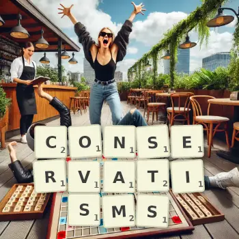 Creative illustration for a Scrabble game with the word CONSERVATISMS spelled out in tiles on the board.