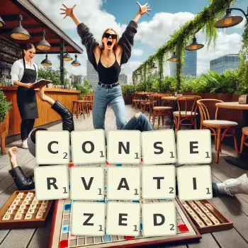 Creative illustration for a Scrabble game with the word CONSERVATIZED spelled out in tiles on the board.