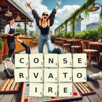 Creative illustration for a Scrabble game with the word CONSERVATOIRE spelled out in tiles on the board.