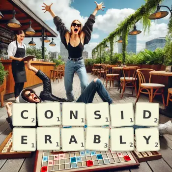 Creative illustration for a Scrabble game with the word CONSIDERABLY spelled out in tiles on the board.