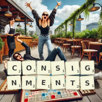 Creative illustration for a Scrabble game with the word CONSIGNMENTS spelled out in tiles on the board.