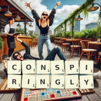 Creative illustration for a Scrabble game with the word CONSPIRINGLY spelled out in tiles on the board.