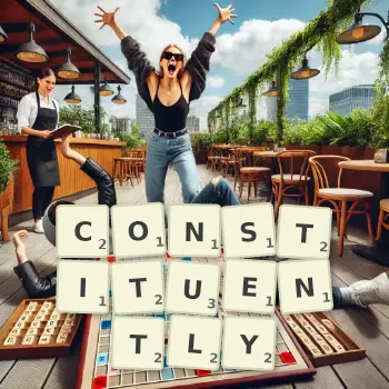 Creative illustration for a Scrabble game with the word CONSTITUENTLY spelled out in tiles on the board.