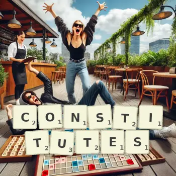 Creative illustration for a Scrabble game with the word CONSTITUTES spelled out in tiles on the board.