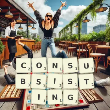 Creative illustration for a Scrabble game with the word CONSUBSISTING spelled out in tiles on the board.