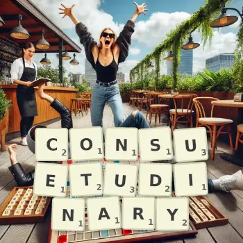 Creative illustration for a Scrabble game with the word CONSUETUDINARY spelled out in tiles on the board.
