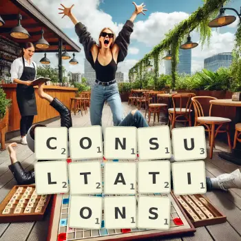 Creative illustration for a Scrabble game with the word CONSULTATIONS spelled out in tiles on the board.