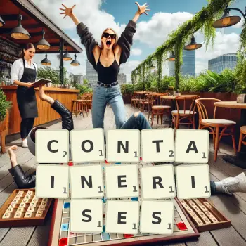 Creative illustration for a Scrabble game with the word CONTAINERISES spelled out in tiles on the board.