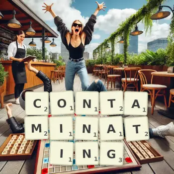 Creative illustration for a Scrabble game with the word CONTAMINATING spelled out in tiles on the board.
