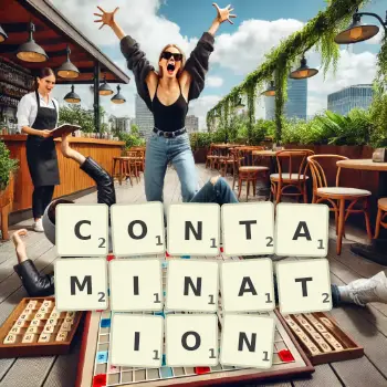 Creative illustration for a Scrabble game with the word CONTAMINATION spelled out in tiles on the board.