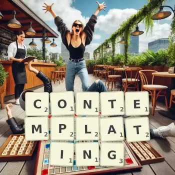 Creative illustration for a Scrabble game with the word CONTEMPLATING spelled out in tiles on the board.
