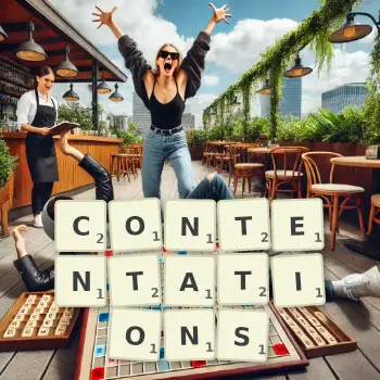 Creative illustration for a Scrabble game with the word CONTENTATIONS spelled out in tiles on the board.
