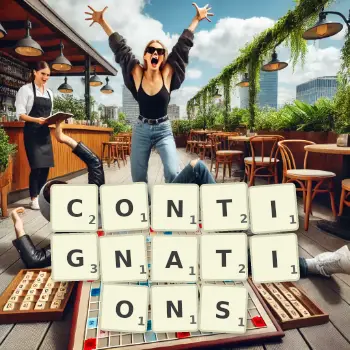 Creative illustration for a Scrabble game with the word CONTIGNATIONS spelled out in tiles on the board.