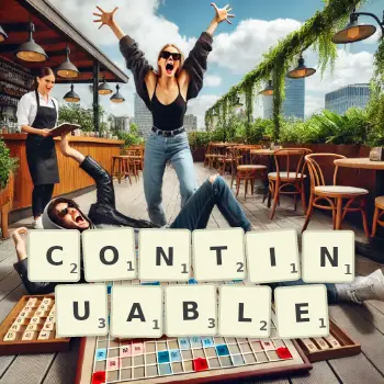 Creative illustration for a Scrabble game with the word CONTINUABLE spelled out in tiles on the board.