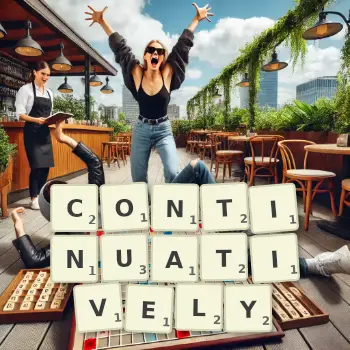 Creative illustration for a Scrabble game with the word CONTINUATIVELY spelled out in tiles on the board.