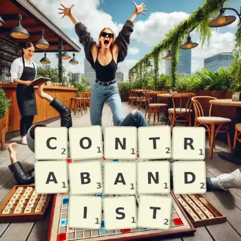 Creative illustration for a Scrabble game with the word CONTRABANDIST spelled out in tiles on the board.