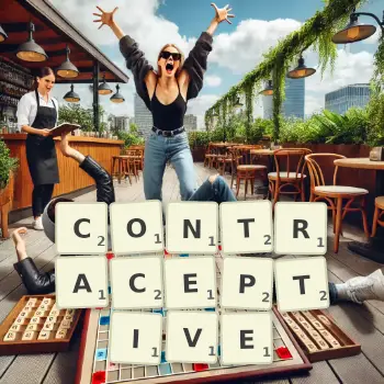 Creative illustration for a Scrabble game with the word CONTRACEPTIVE spelled out in tiles on the board.