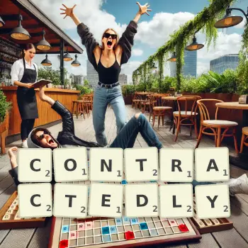 Creative illustration for a Scrabble game with the word CONTRACTEDLY spelled out in tiles on the board.