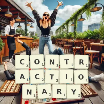 Creative illustration for a Scrabble game with the word CONTRACTIONARY spelled out in tiles on the board.