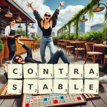 Creative illustration for a Scrabble game with the word CONTRASTABLE spelled out in tiles on the board.