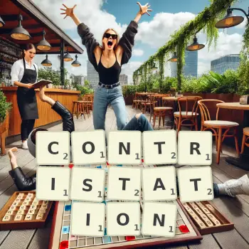 Creative illustration for a Scrabble game with the word CONTRISTATION spelled out in tiles on the board.