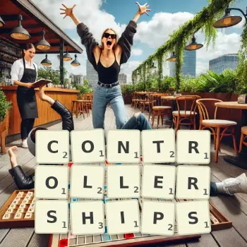 Creative illustration for a Scrabble game with the word CONTROLLERSHIPS spelled out in tiles on the board.