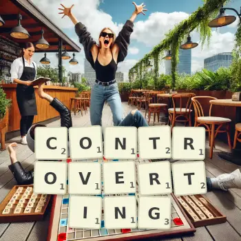 Creative illustration for a Scrabble game with the word CONTROVERTING spelled out in tiles on the board.