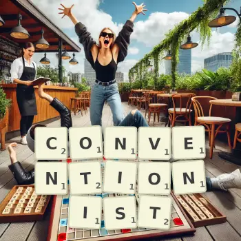 Creative illustration for a Scrabble game with the word CONVENTIONIST spelled out in tiles on the board.