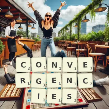 Creative illustration for a Scrabble game with the word CONVERGENCIES spelled out in tiles on the board.