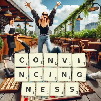 Creative illustration for a Scrabble game with the word CONVINCINGNESS spelled out in tiles on the board.