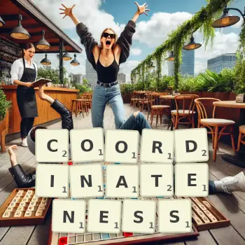 Creative illustration for a Scrabble game with the word COORDINATENESS spelled out in tiles on the board.