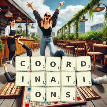 Creative illustration for a Scrabble game with the word COORDINATIONS spelled out in tiles on the board.