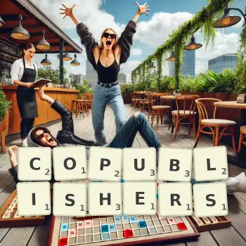 Creative illustration for a Scrabble game with the word COPUBLISHERS spelled out in tiles on the board.