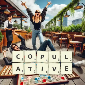 Creative illustration for a Scrabble game with the word COPULATIVE spelled out in tiles on the board.