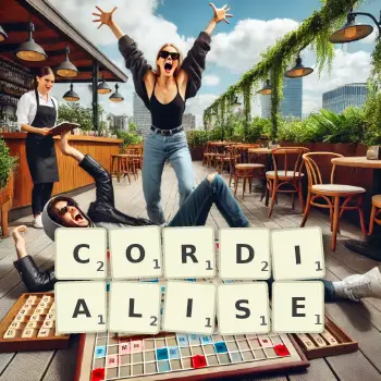 Creative illustration for a Scrabble game with the word CORDIALISE spelled out in tiles on the board.
