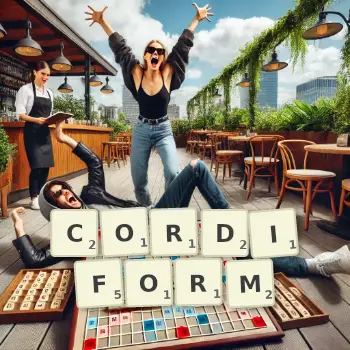 Creative illustration for a Scrabble game with the word CORDIFORM spelled out in tiles on the board.