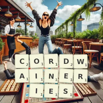 Creative illustration for a Scrabble game with the word CORDWAINERIES spelled out in tiles on the board.