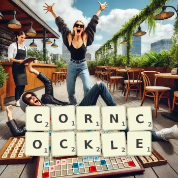 Creative illustration for a Scrabble game with the word CORNCOCKLE spelled out in tiles on the board.