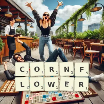 Creative illustration for a Scrabble game with the word CORNFLOWER spelled out in tiles on the board.